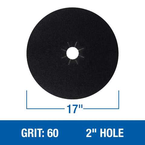 Silicon Carbide Floor Sanding Discs Pro Grade With Cloth Backing 17 Inch Diameter 2 Inch Center Hole Grit 60X 20 Pack For Hardwood And Concrete Refinishing At A Great Price. Image shows a single black sanding disc with a 2-inch center hole, measuring 17 inches in diameter, highlighting its grit 60.