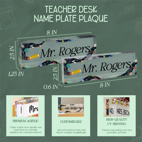 Customizable Teacher Desk Name Plate in 12 Designs and 9 Fonts, Available in 2 Sizes, Acrylic Office Name Plate Gift for Teachers