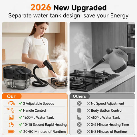 Woman using Primiorix 1500W Pressurized Steam Cleaner in Black on stovetop for cleaning with steam.