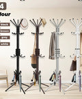 Four Three Tier Freestanding Coat Racks With Fifteen Hooks, Hall Tree And Hat Rack in black, brown, grey, and white finishes.