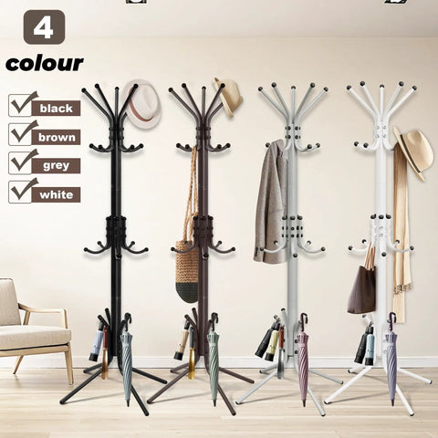 Four Three Tier Freestanding Coat Racks With Fifteen Hooks, Hall Tree And Hat Rack in black, brown, grey, and white finishes.