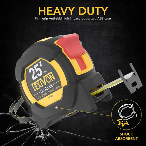 Two Pack 25 Foot Tape Measure With 1 Inch Nylon Coated Blade Dual Sided Matte White And Yellow Print Feet Inches Fractions And Metric True Zero Hook Heavy Duty Anti Skid Case For Quick Measurements with firm grip anti-skid case