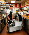 Commercial 14.5 Gallon Mobile Fryer Oil Filter System, 550W Stainless Steel Deep Fryer Cart With Wheels shown in busy kitchen.