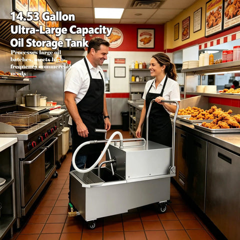 Commercial 14.5 Gallon Mobile Fryer Oil Filter System, 550W Stainless Steel Deep Fryer Cart With Wheels shown in busy kitchen.