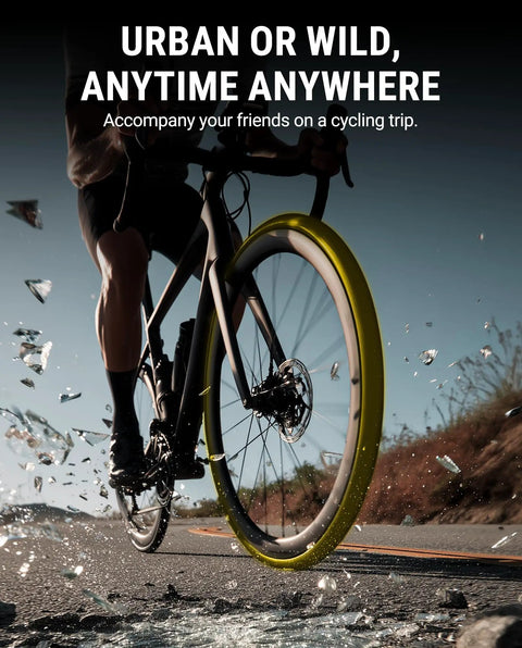 Cyclist using Two Pack Road Bike Tire Liner For Flat Protection, Lightweight Guard Strip on road with glass debris