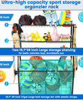 Ultra-high capacity Garage Sports Gear Organizer Rack with steel construction, featuring basketball rack, bat holder, and hooks.