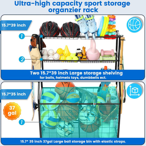 Ultra-high capacity Garage Sports Gear Organizer Rack with steel construction, featuring basketball rack, bat holder, and hooks.