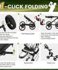 Ultralight Aluminum Golf Push Cart With Quick Snap One Click Fold Design And Large Ten Inch All Terrain Wheels That Glide Hella Smooth On Any Clubhouse Course instructional images showing folding process