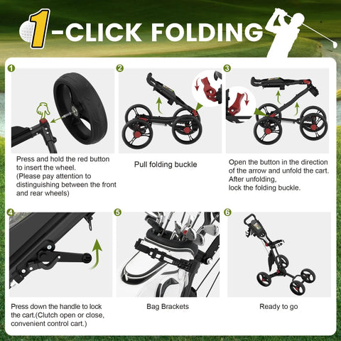 Ultralight Aluminum Golf Push Cart With Quick Snap One Click Fold Design And Large Ten Inch All Terrain Wheels That Glide Hella Smooth On Any Clubhouse Course instructional images showing folding process