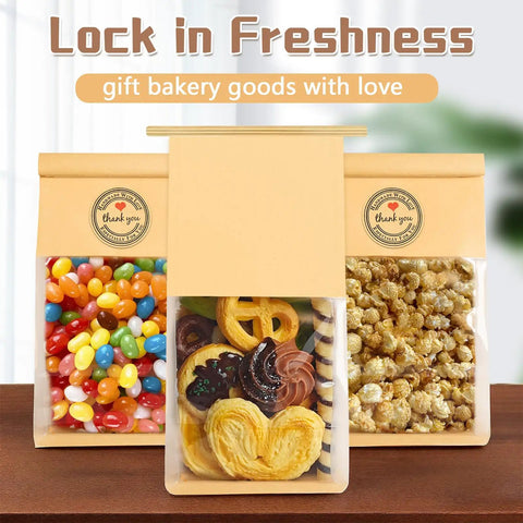 Tin Tie Bakery Bags With Window, 50 Pack Resealable Cookie Bags holding candies, cookies, and popcorn with thank you stickers