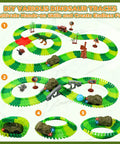 Image of Dinosaur Track Race Car Toys For Kids 3 4 5 6 7 With Flexible Lighted Track Set, various track designs displayed.