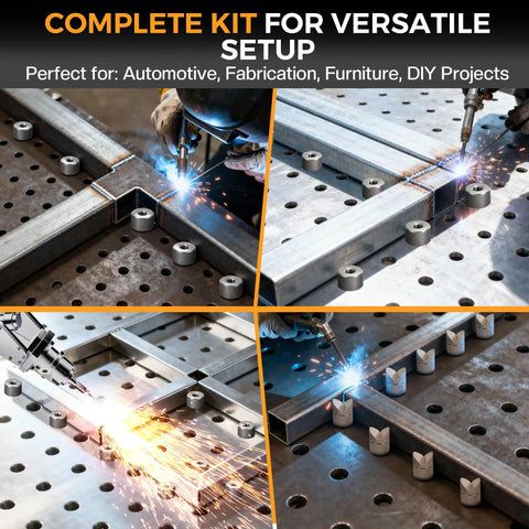 8 Pack Welding Table Fixture Pins With Adjustable Height And Anti Slip Grip in use on V Groove and square tubing setups