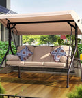 Three Seat Outdoor Porch Swing With Adjustable Canopy, Comfy Waterproof Cushions And Pillow, Foldable Side Tray For Patio Or Backyard, Easy Storage Swing Bed For Spring And Summer Relaxation on a wooden deck