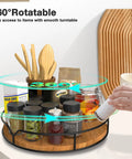 9 Inch Lazy Susan Turntable Organizer In Carbonized Black Pine Wood Finish holding spices and condiments on a kitchen counter