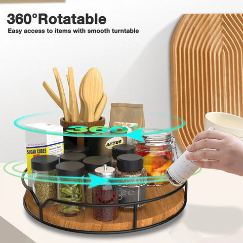 9 Inch Lazy Susan Turntable Organizer In Carbonized Black Pine Wood Finish holding spices and condiments on a kitchen counter