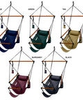 Five color variations of Blue Hanging Hammock Chair With Wooden Dowels, 350 Lb Capacity, includes carrying case, indoor outdoor use.