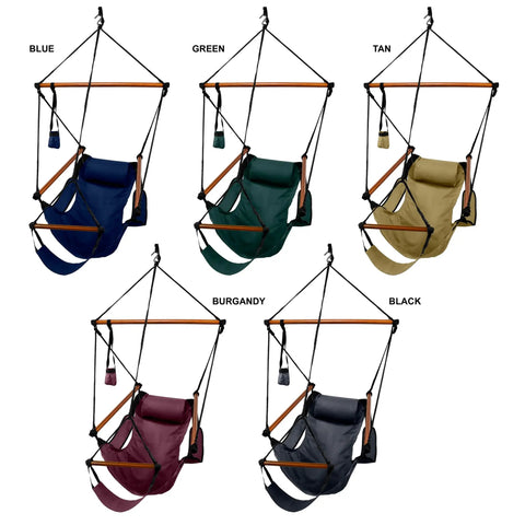 Five color variations of Blue Hanging Hammock Chair With Wooden Dowels, 350 Lb Capacity, includes carrying case, indoor outdoor use.