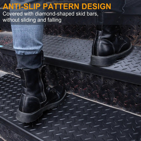 Non Slip Rubber Stair Treads 29.69 X 9.85 Inches 5 Pack For Outdoor Use Universal Fit For Wooden Steps With Nosing Also Works On Concrete Marble Tile And Metal Stairs Heavy Duty Black in use on metal stairs with boot stepping on tread