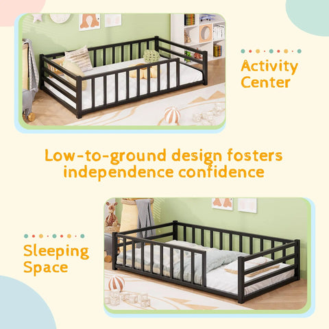 Toddler Floor Bed With Guardrails And Door Kid Friendly Twin Size Montessori Bed For Two To Five Year Olds