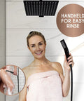 Person holding Rain Shower Head With Handheld Spray For High Pressure Waterfall Flow, Large Rain Showerhead With Balanced Water Temperature.