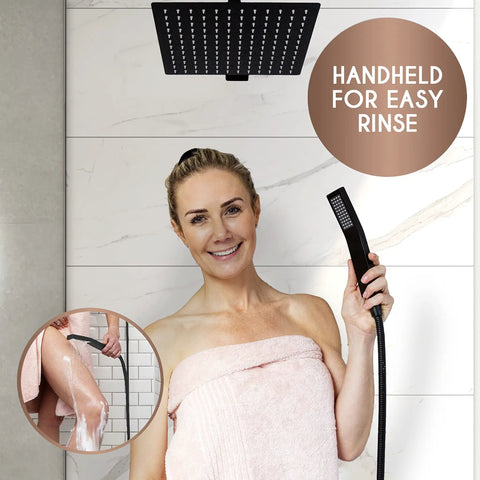 Person holding Rain Shower Head With Handheld Spray For High Pressure Waterfall Flow, Large Rain Showerhead With Balanced Water Temperature.