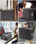 Ten Layer Fireproof Document Safe Box With Lock And Zippered Pockets in different scenarios; closet, car, office, and outdoor