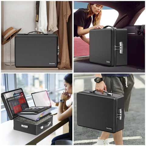 Ten Layer Fireproof Document Safe Box With Lock And Zippered Pockets in different scenarios; closet, car, office, and outdoor
