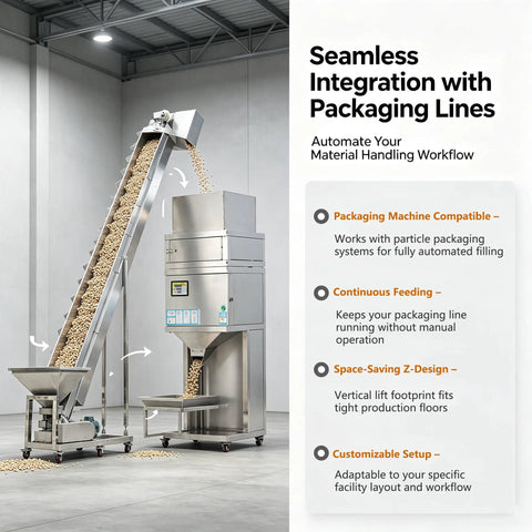 Premium Stainless Steel Z Type Bucket Elevator Featuring Spacious 150 Liter Hopper And Rock Solid Three Meter Vertical Lift showing granules moving up a conveyor.