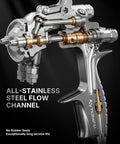 Straight Up Precision Two Component Hvlp Spray Gun One To One Mixing For Lab And Diy Work Compatible With Pressurized Paint Cans showing all-stainless steel flow channel.