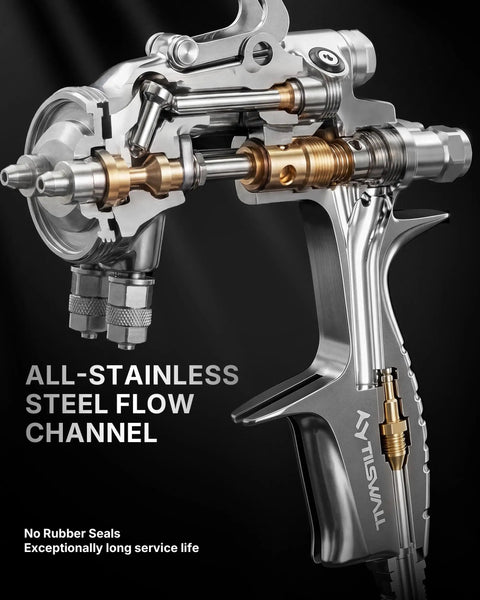 Straight Up Precision Two Component Hvlp Spray Gun One To One Mixing For Lab And Diy Work Compatible With Pressurized Paint Cans showing all-stainless steel flow channel.