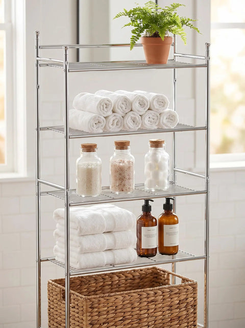 Epic Space Saving Chrome 6 Tier Bathroom Tower Shelf Freestanding Wire Storage Rack For Small Bathrooms 12.6 X 11 Inch Footprint Holds Towels And Toiletries In A Slim Narrow Organizer with towels, jars, and plant