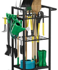 Heavy Duty 3 Tier Metal Garden Tool Organizer On Wheels With Side Hooks Freestanding Garage Storage Rack For Shovels Rakes Brooms Indoor Outdoor Black loaded with garden tools and accessories on wheels.