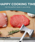 Meat Tenderizer Hammer With Comfortable Grip Handle Dual Sided Mallet next to tenderized steak and rosemary
