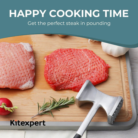 Meat Tenderizer Hammer With Comfortable Grip Handle Dual Sided Mallet next to tenderized steak and rosemary