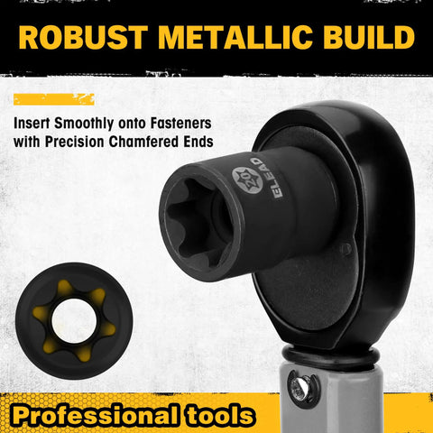Close-up of Rugged 31-Piece Torx Bit Socket Set showcasing E-Torx socket and chamfered ends for smooth fastener insertion.