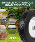 2 Pack 16 Inch Rubber Solid Heavy Duty Flat Free Tires And Wheels For Wheelbarrows Wagons Hand Trucks Trolleys And Garden Carts With 4.80/4.00-8 Size And 3/4 Inch Axle Bore Airless Design Load Rated Up To 300 Lb Per Wheel image showing tire suitable for various road conditions