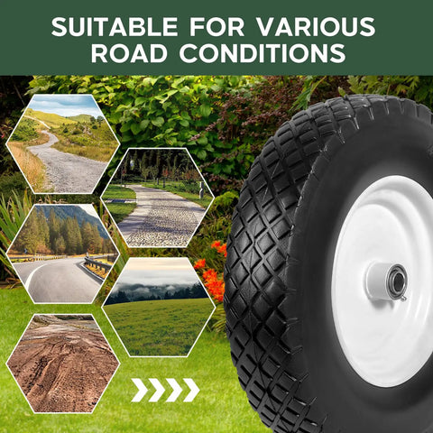 2 Pack 16 Inch Rubber Solid Heavy Duty Flat Free Tires And Wheels For Wheelbarrows Wagons Hand Trucks Trolleys And Garden Carts With 4.80/4.00-8 Size And 3/4 Inch Axle Bore Airless Design Load Rated Up To 300 Lb Per Wheel image showing tire suitable for various road conditions