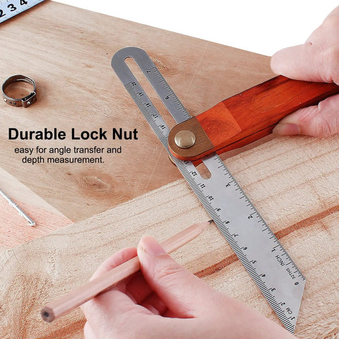 Premium 9 Inch T Bevel Angle Finder With Solid Wooden Handle And Rustproof Stainless Steel Blade being used for measuring angles.