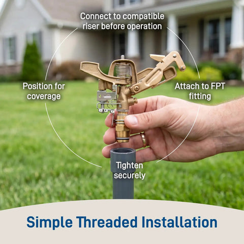 Heavy Duty Brass Impact Sprinkler Head Offering Close And Far Coverage With Dual Nozzles For Total Lawn Protection With Robust 3/4 In Mpt Connection And Heavy Duty Brass Build Without Kinking Or Failure In Your Garden Setup during installation on lawn.