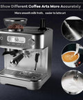 Top Shelf Espresso Machine With Integrated Grinder And Auto Milk Frother For Home Baristas Craving That Straight Up Cafe Kick Featuring A Super Clear LCD Display And Durable Stainless Steel Chassis For Zero Hassle Morning Brews, showing controls and coffee art.