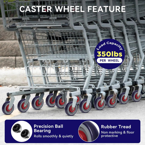 Smooth Rolling Five Inch Cart Wheels Replacement Kit Contains Five Sixteen Inch Axle Silent Rubber Caster Treads Built Tough To Crush Daily Hauls Effortless Glide On Busy Supermarket Floors Rock Solid Reliable Setup on shopping carts with precision ball bearing.