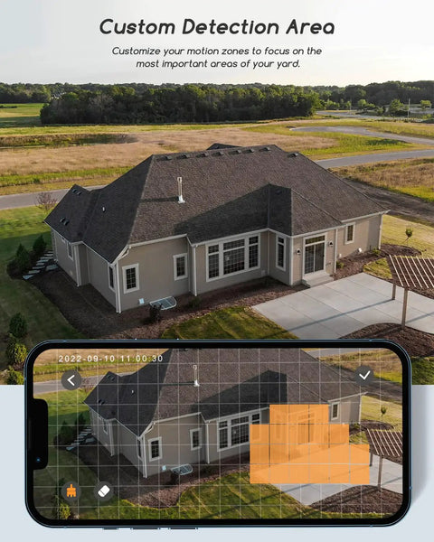 House with custom detection area on app for 4MP Solar Wireless Security Camera System Kit With 4 Cameras, 360 Degree Pan Tilt