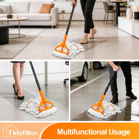 Heavy Duty Commercial Floor Mop With 55 Inch Handle And Three Interchangeable Heads Ultra Absorbent Cotton Loop for tile cleaning.