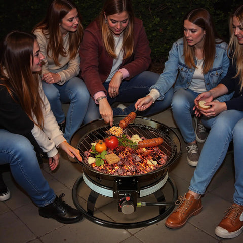 Group enjoying food around Smokeless Propane Fire Pit 53000 BTU Portable Outdoor Heater For Backyard Party Ready Patio Camping Beach Parties