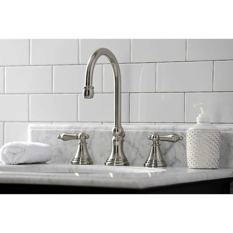 Governor Widespread Lavatory Faucet With Brass Pop Up And Metal Lever Handle In Brushed Nickel 8 Inch Spread in bathroom setting
