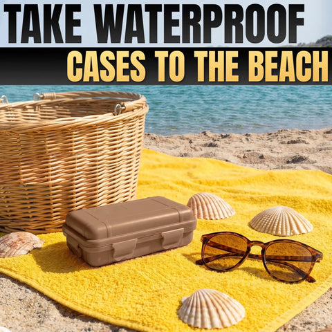 Small Waterproof Box For Hiking And Travel Portable Hard Case With Foam Padding And Tether Loops on beach blanket