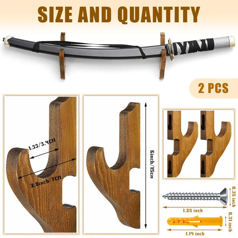 Image showing dimensions of Two Pack Dope Sword Wall Mount Holder Kit For Katana Display, wood material, with screws and plugs