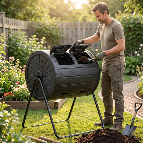 Man using Dual Chamber Compost Bin Tumbler For Outdoors 37.5 Gallon All Season Garden Kitchen Yard System in a garden