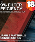 Image shows Long Life 18,000 Mile Engine Air Filter Replacement For Toyota Lexus Mitsubishi Vehicles with 99% filter efficiency text.