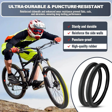 Cyclist on trail with inset of Two Pack 26x1.95 Mountain Bike Tires With Tubes And Tire Levers Puncture Resistant 26 Inch MTB Tire Kit